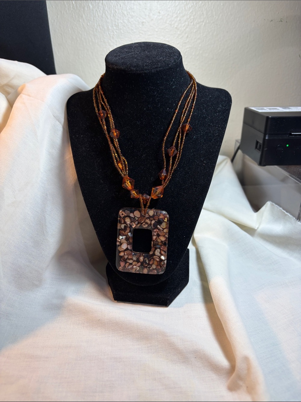 Brown Multistrand Seed Bead Necklace with Rectangular Pendant